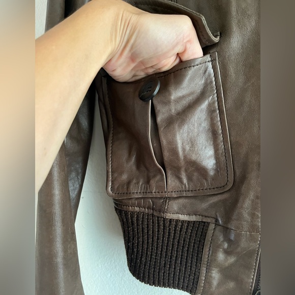 100% genuine brown leather bomber aviator jacket removable shearling collar - Picture 10 of 14